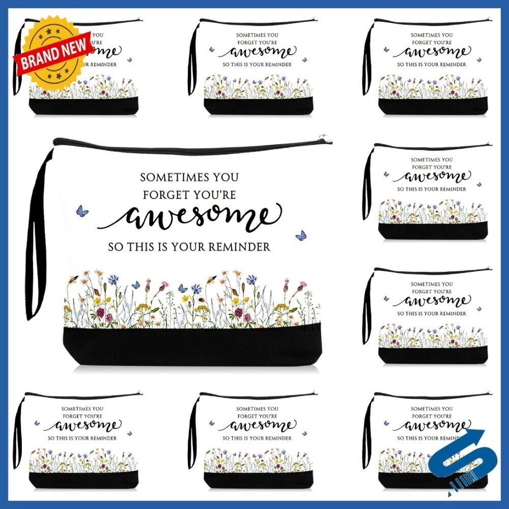 Canvas Cosmetic Bags Motivational Flower Design Zipper Closure Bulk Set for